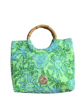 Lilly Pulitzer Bamboo Handle Printed Cotton Bag "Cool Mint Catchin Rays" EUC